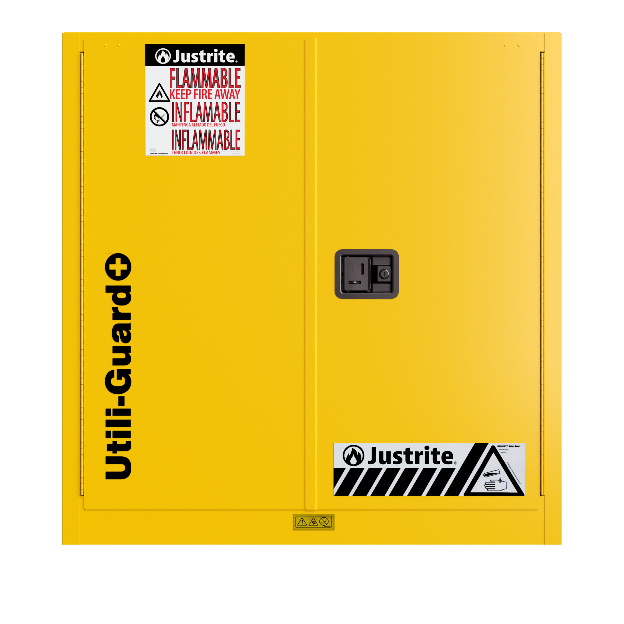 Justrite Utili-Guard+ Flammable Safety Cabinet — 30-Gallon, Self-Close, Double-Wall Steel, Yellow, Model# U893020